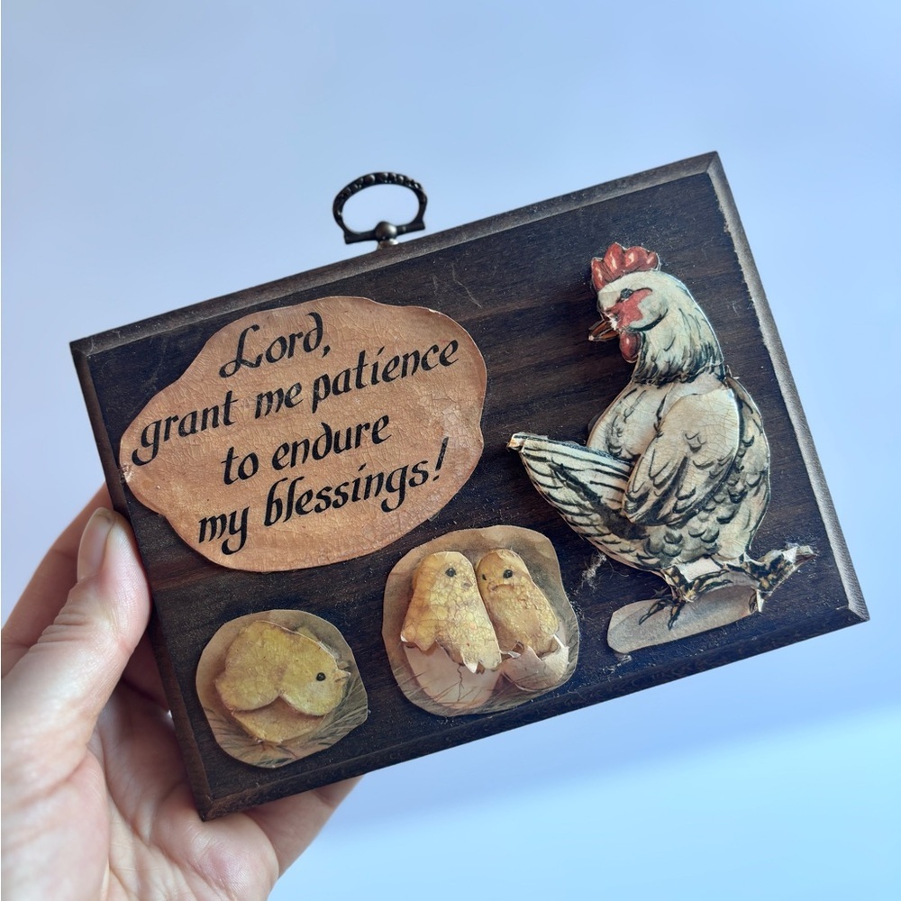 Vintage Chicken Chicks Wooden Wall Plaque Folk Art Religious Quote